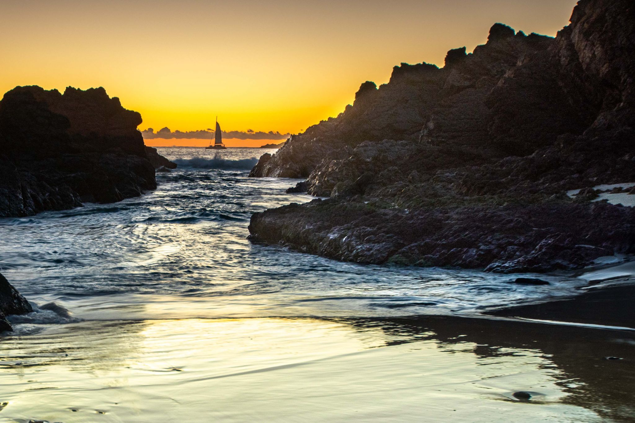 Sailing Boat sunrise Seal Rocks New South Wales, Australia