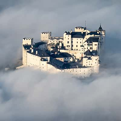 Salzburg at night, covered by fog, Austria