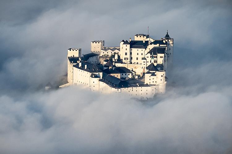 Salzburg at night, covered by fog