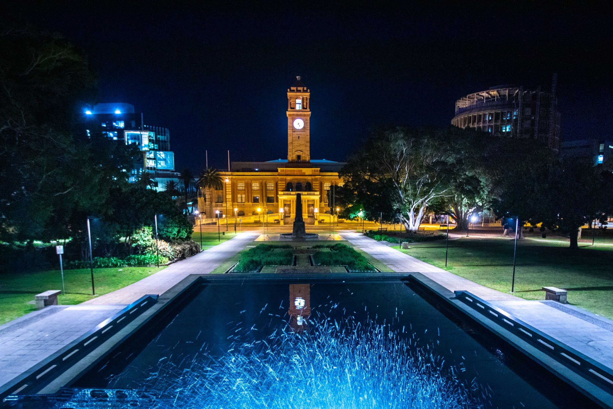 Town Hall Blue Hour and fountain Newcastle New South Wales, Australia