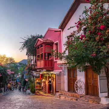Kas shopping street with typical buildings, Turkey (Türkiye)