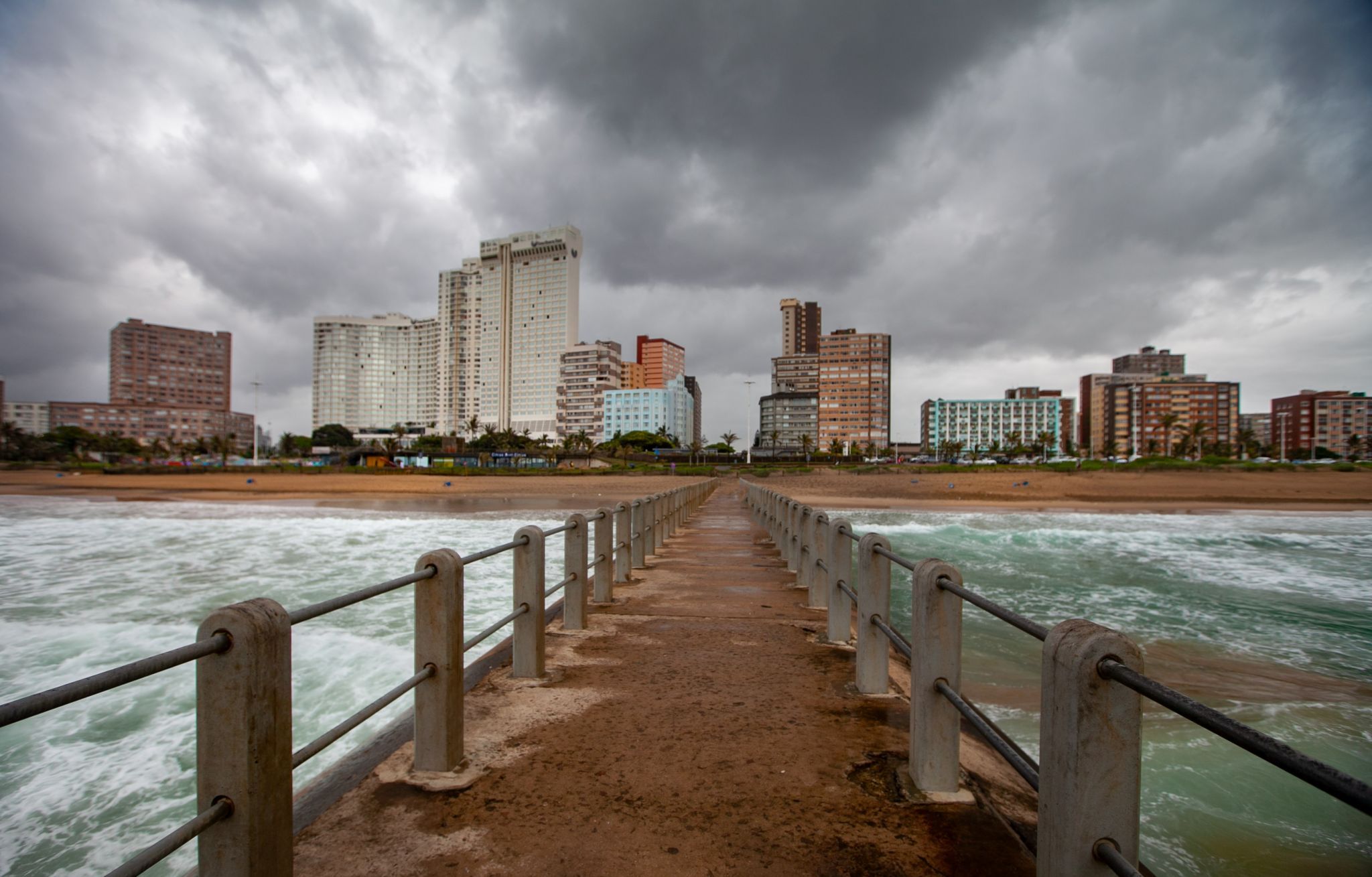 Storm coming, Snake Park Pier, city skyline, Durban, South Africa
