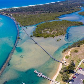 Drone view of the boardwalk at Urunga, New South Wales, Australia