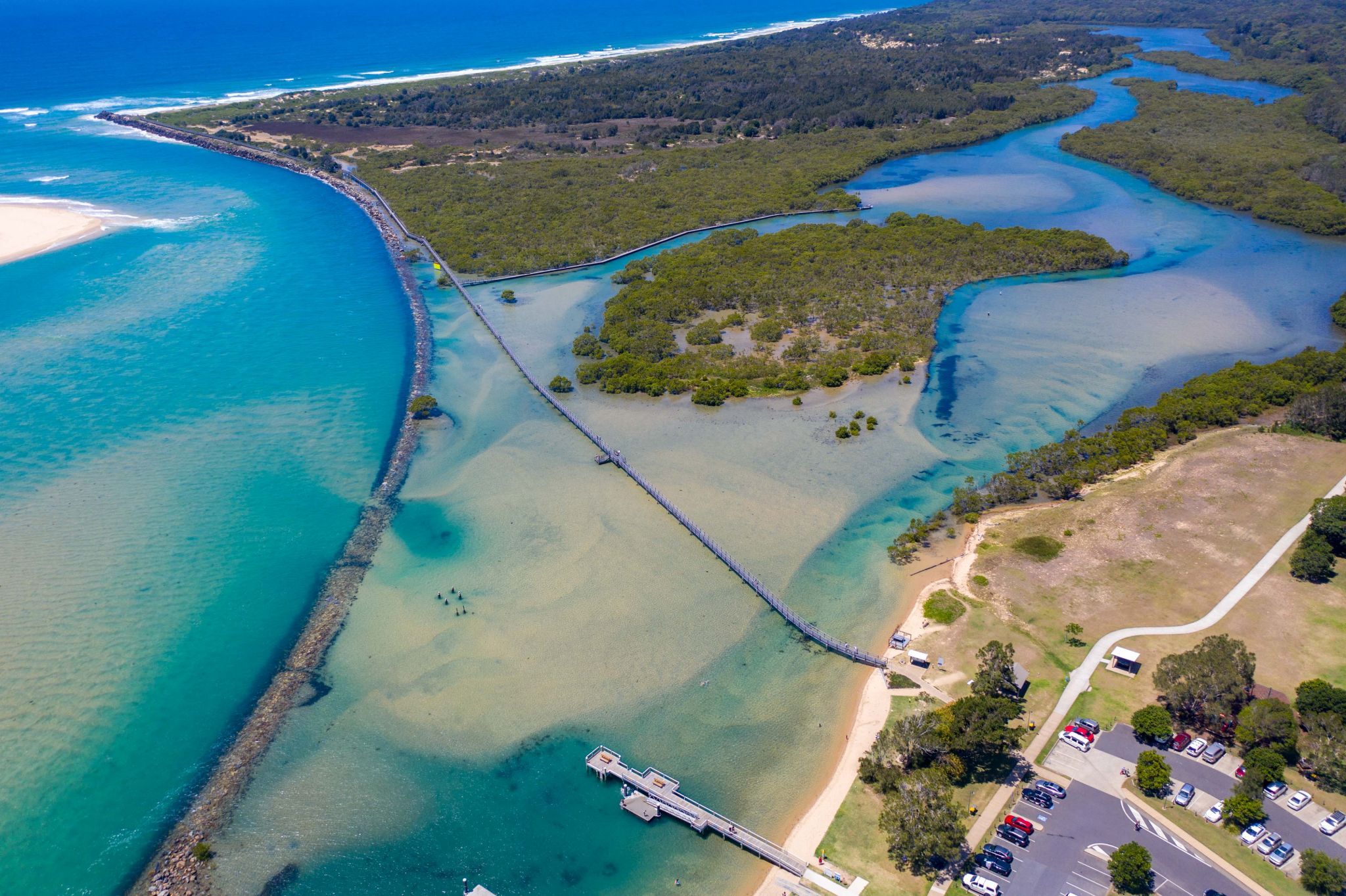 Drone view of the boardwalk at Urunga, New South Wales, Australia