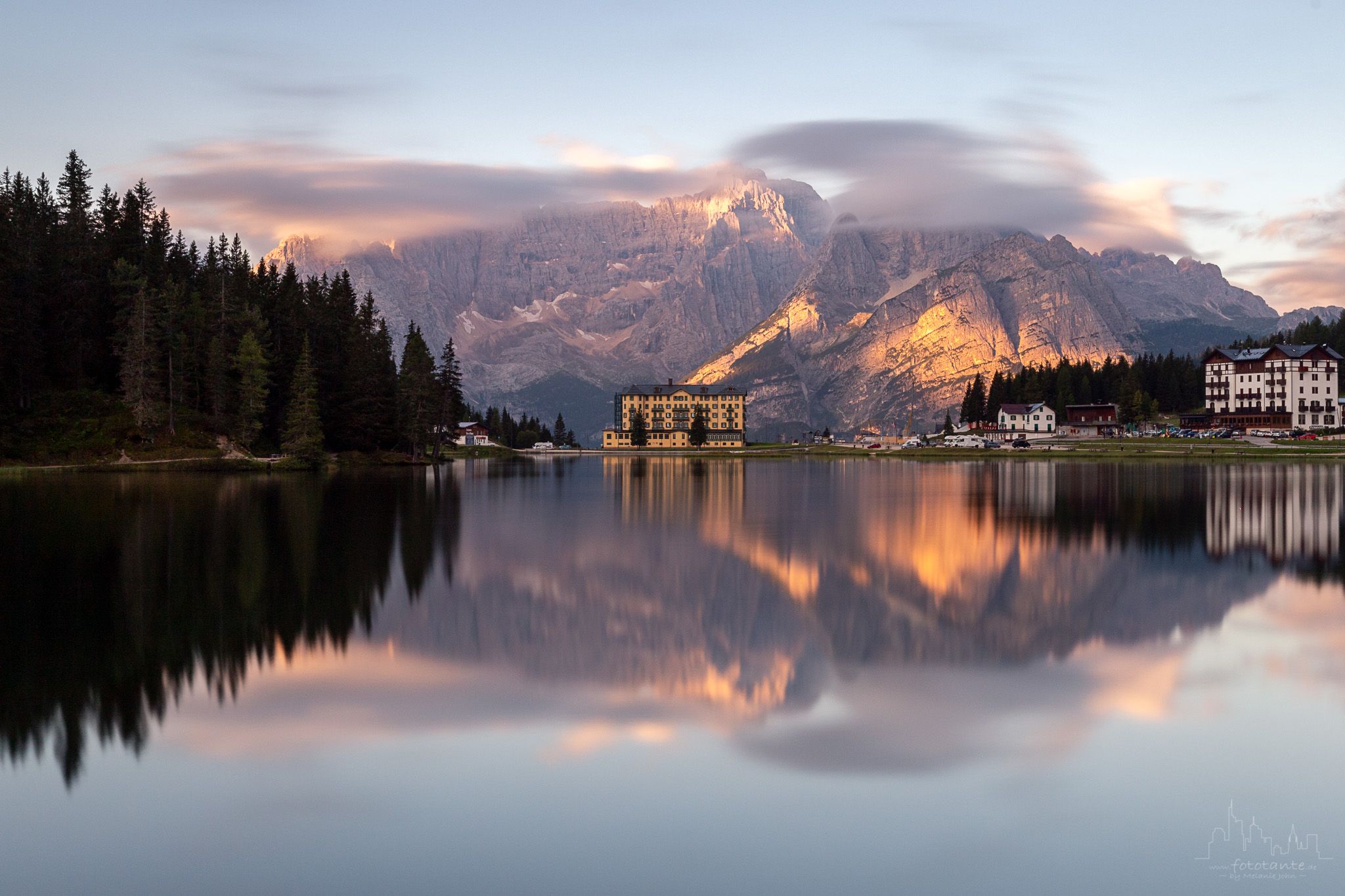 Hotel at Lake Misurina, Dolomites, Italy