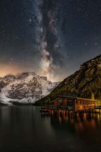 Wooden house on Lago Braies in Dolomites