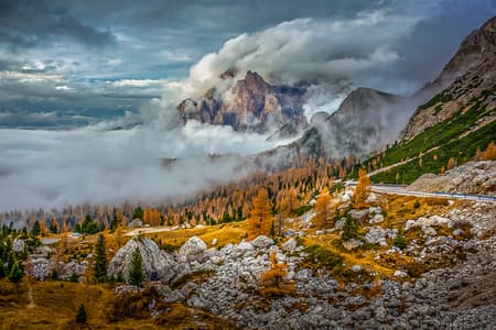 Passo falzarego view of village from the top Dolomites