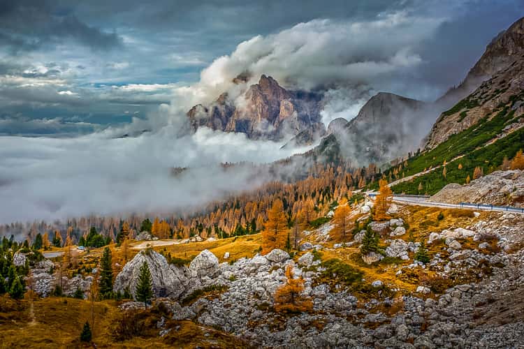 Passo falzarego view of village from the top Dolomites