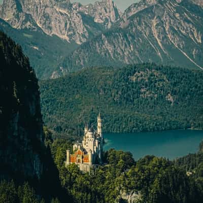 Tegelbergbahn with view on Neuschwanstein castle, Germany
