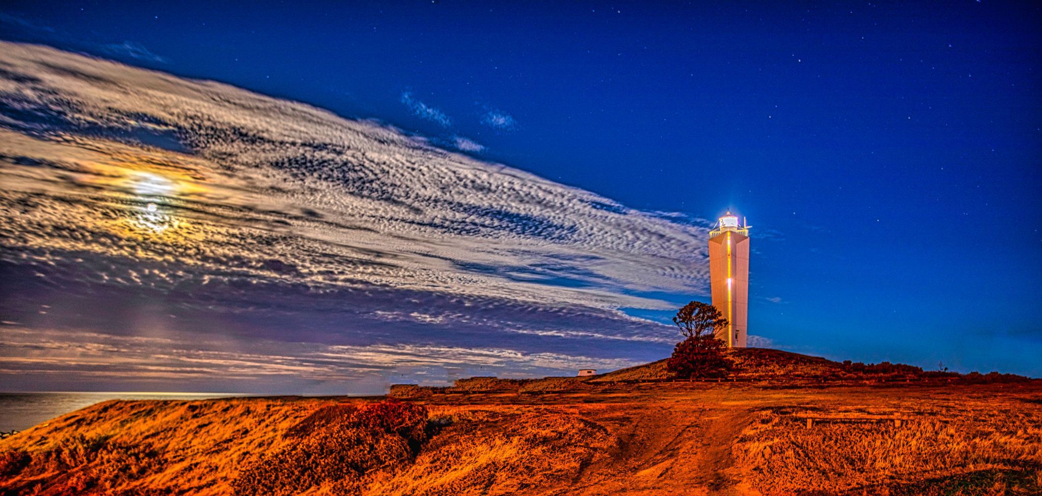 Cape Jervis Lighthouse Moon set South Australia, Australia