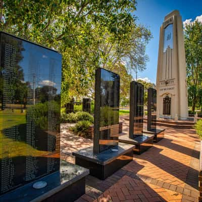 Reflection on memorials Griffith, New South Wales, Australia