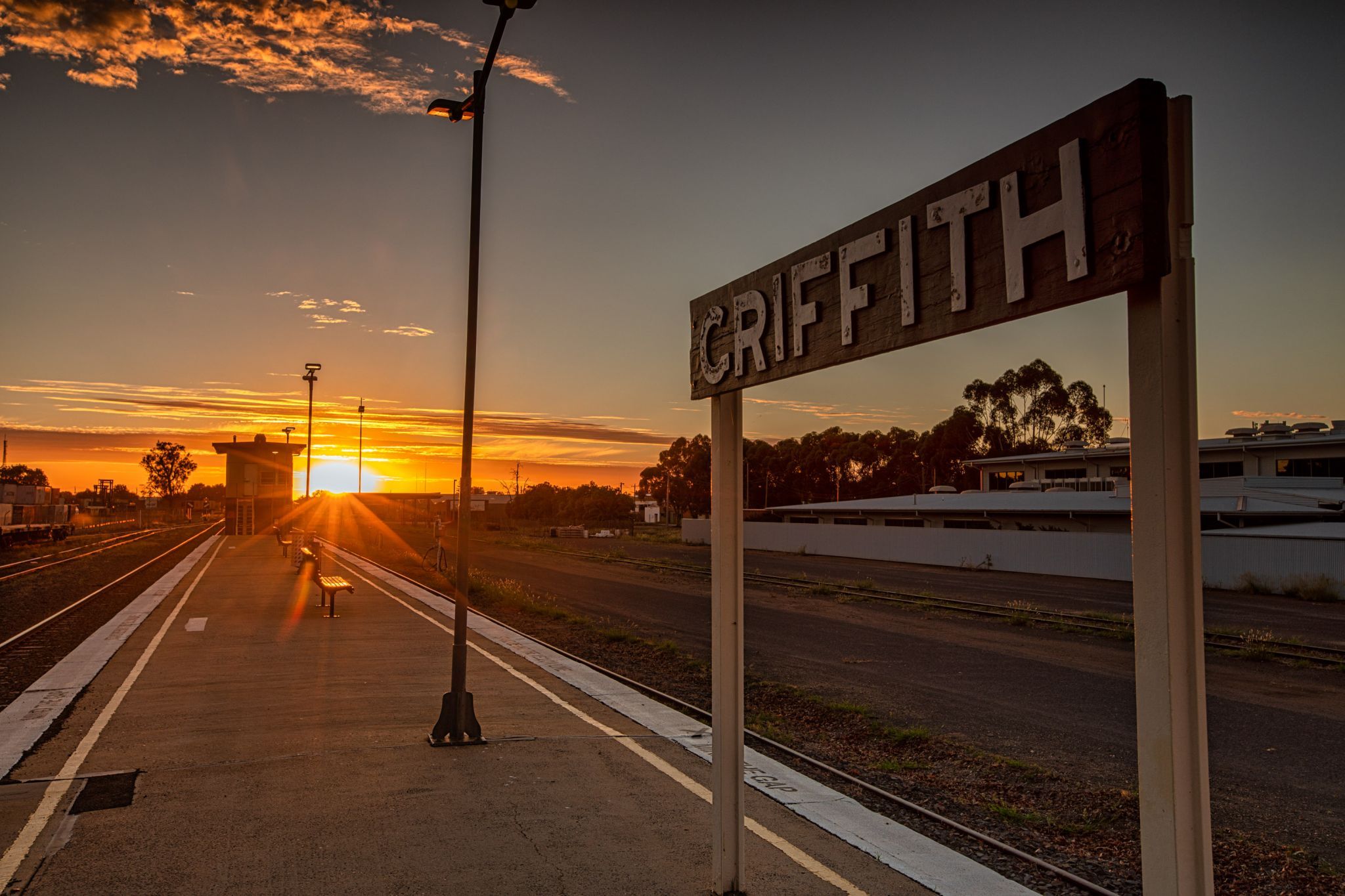 Station Sign sunrise Griffith New South Wales, Australia