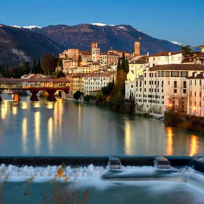 Brenta river and Ponte Vecchio in Bassano del Grappa, Italy