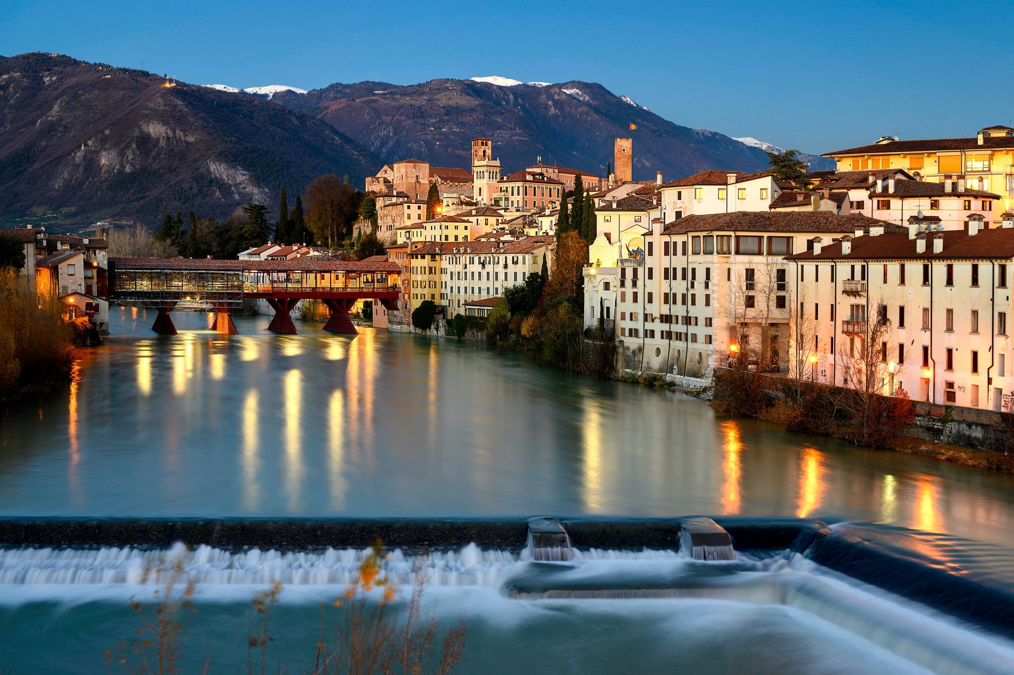 Brenta river and Ponte Vecchio in Bassano del Grappa, Italy