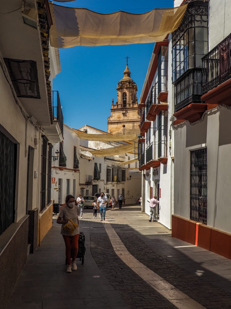 Calle Prim with Church of San Pedro in background, Spain