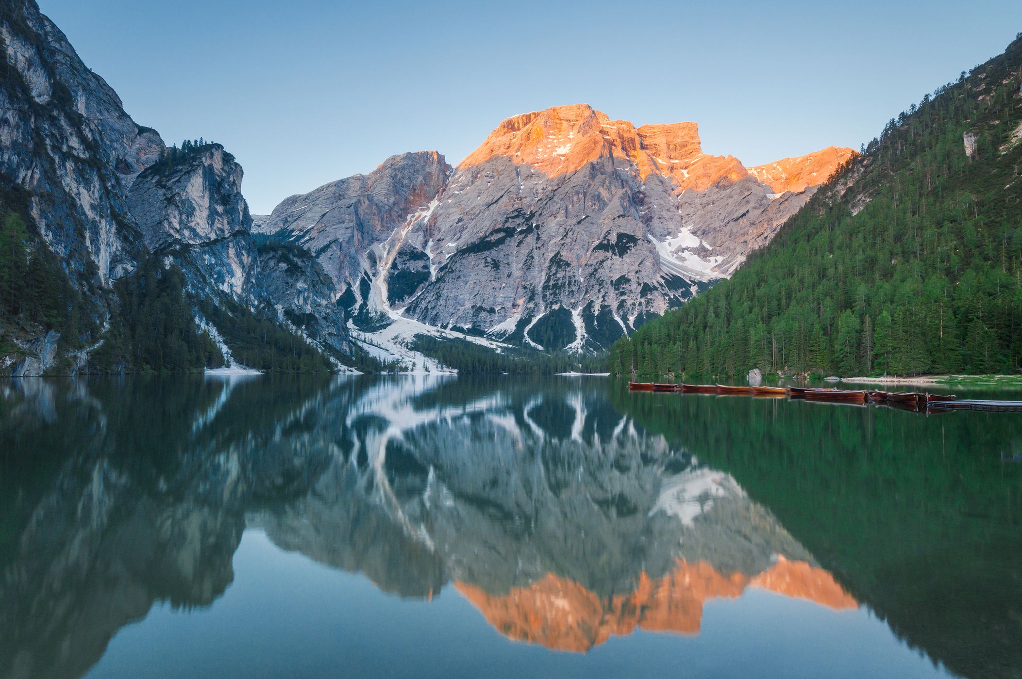 View from the Pier at Lago di Braies Prager Wildsee, Dolomites, Italy