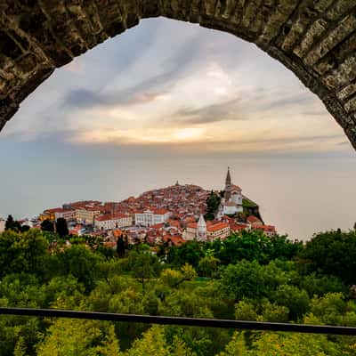 Piran town in frame, Slovenia