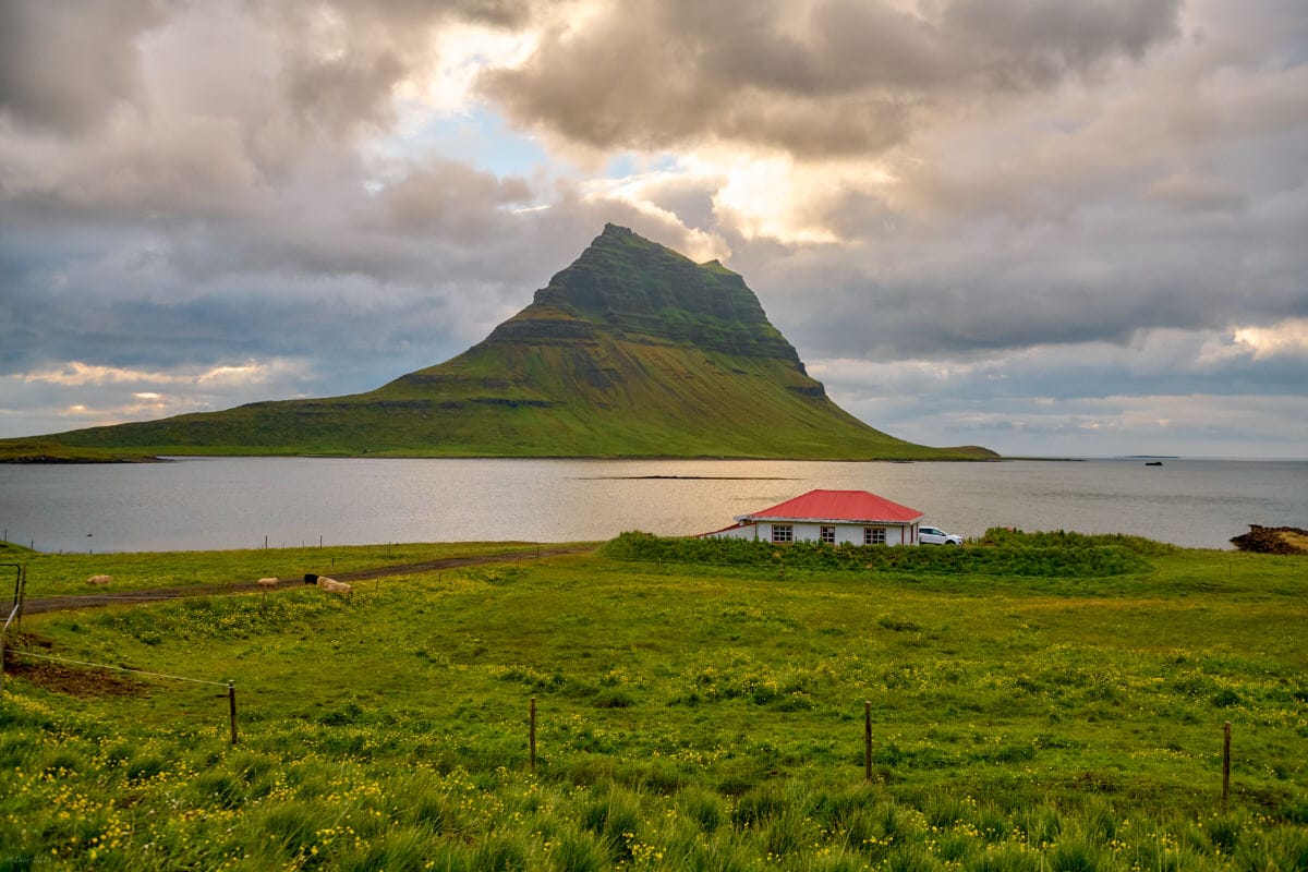 View on Kirkjufell Mountain from Hellnafell Guesthouse, Iceland