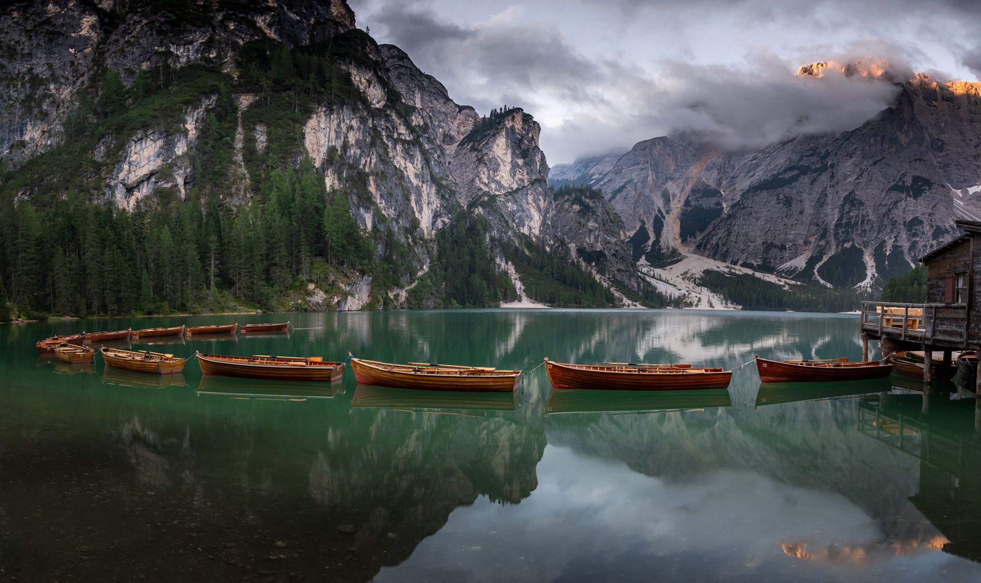 View from the Pier at Lago di Braies Prager Wildsee, Dolomites, Italy