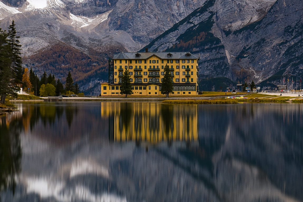 Hotel at Lake Misurina, Dolomites, Italy