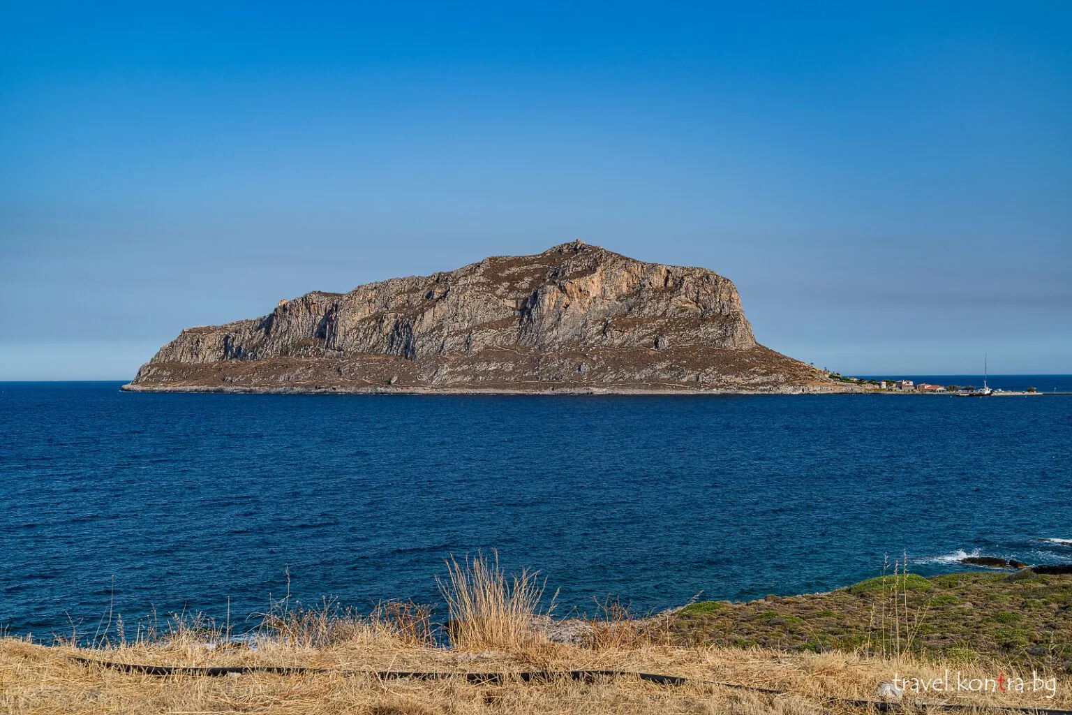 Monemvasia island from a parking spot near Gefira, Greece