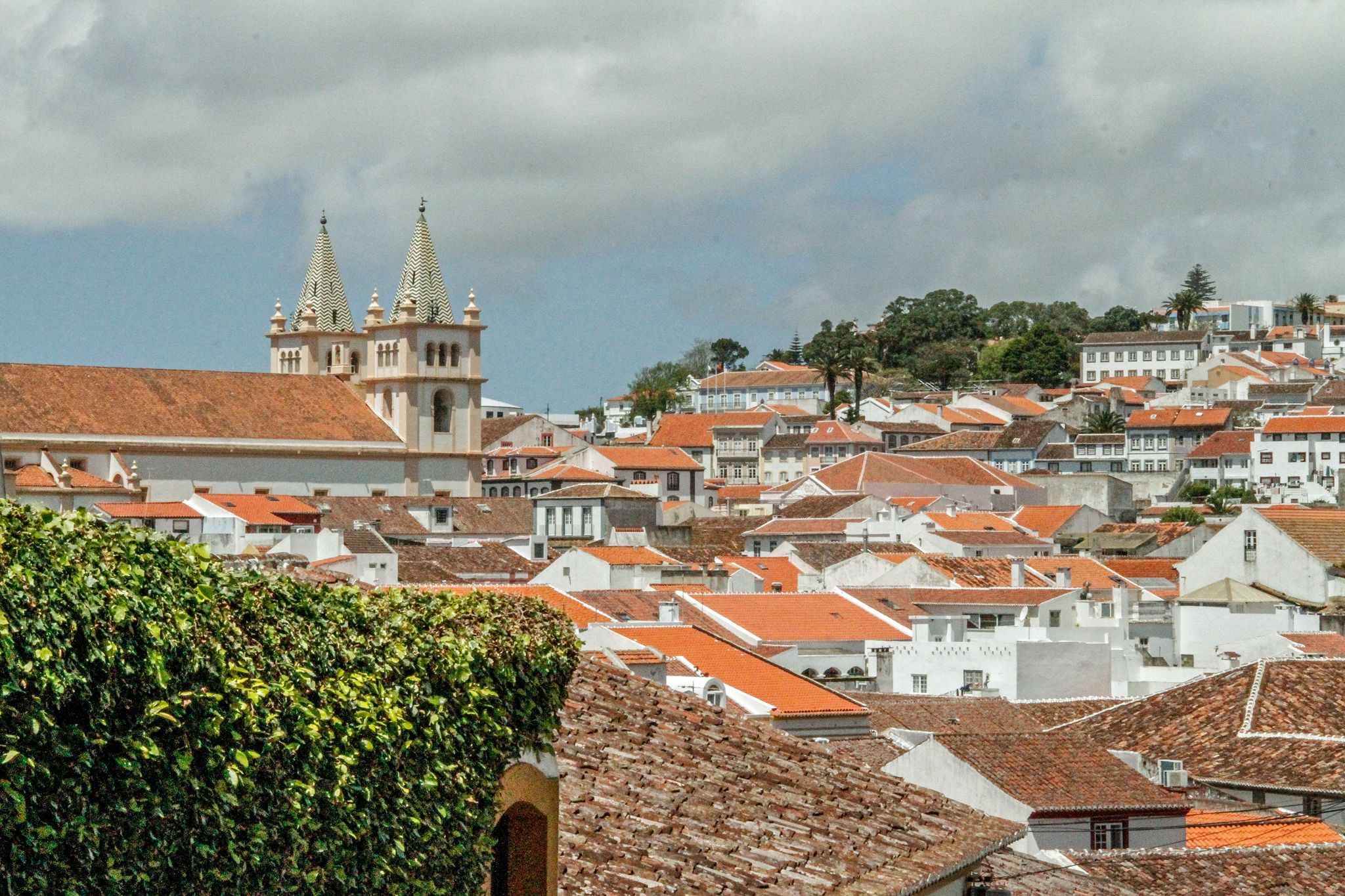 Rooftops of Angra do Heroismo, with cathedral, Portugal