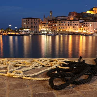 View of the old town of Porto Santo Stefano from the harbour, Italy