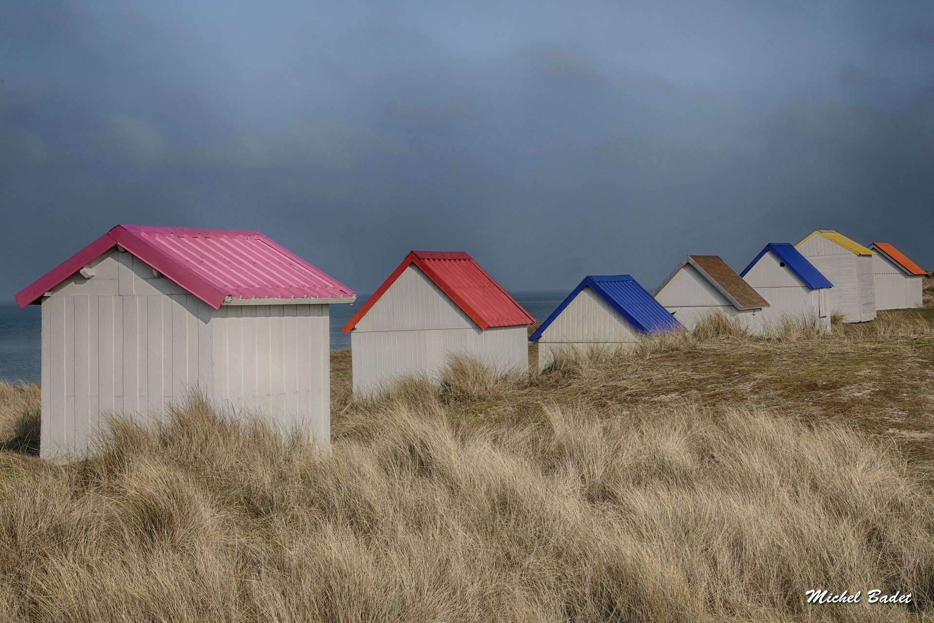 Beach cabins of Gouville sur Mer, France