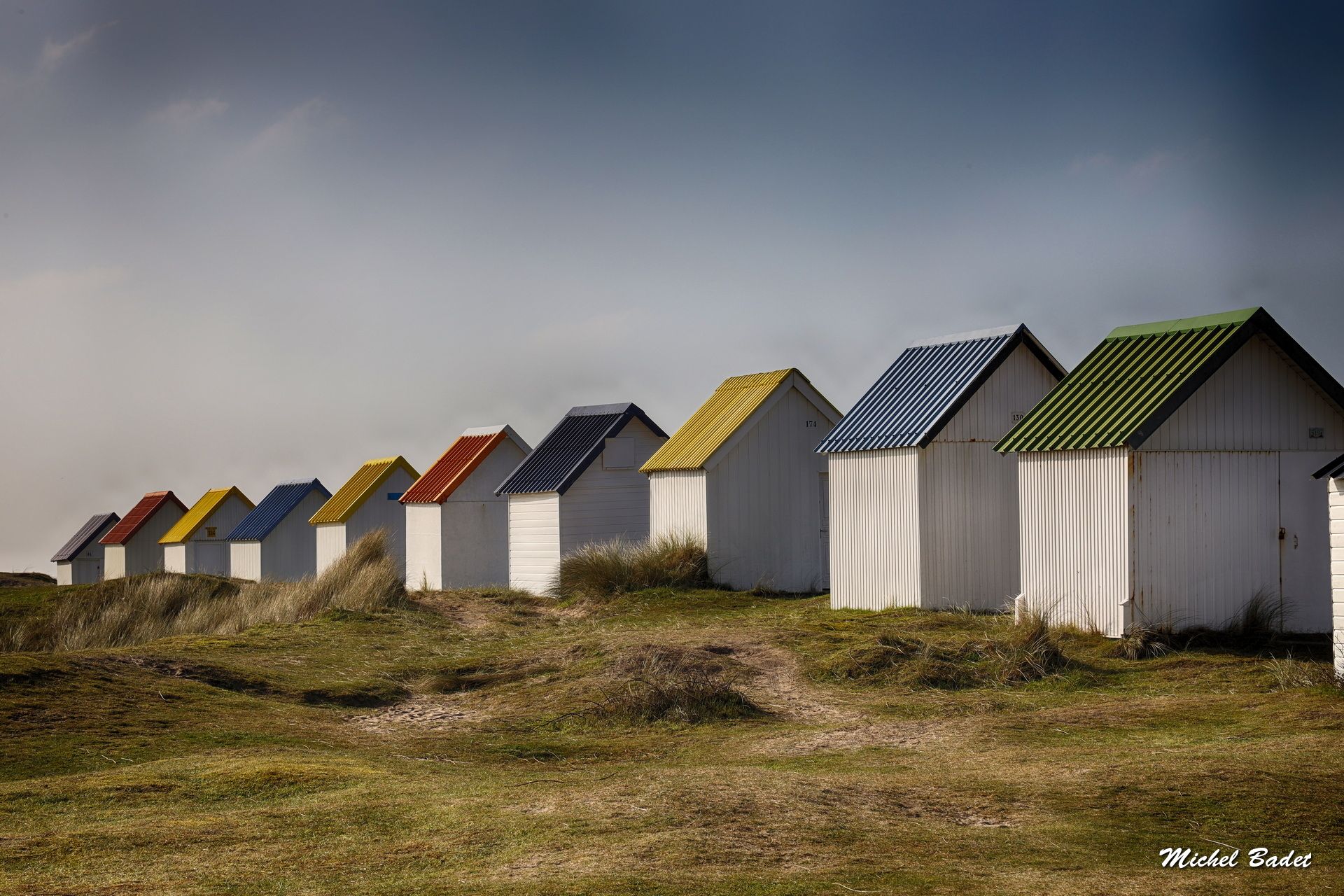 Beach cabins of Gouville sur Mer, France
