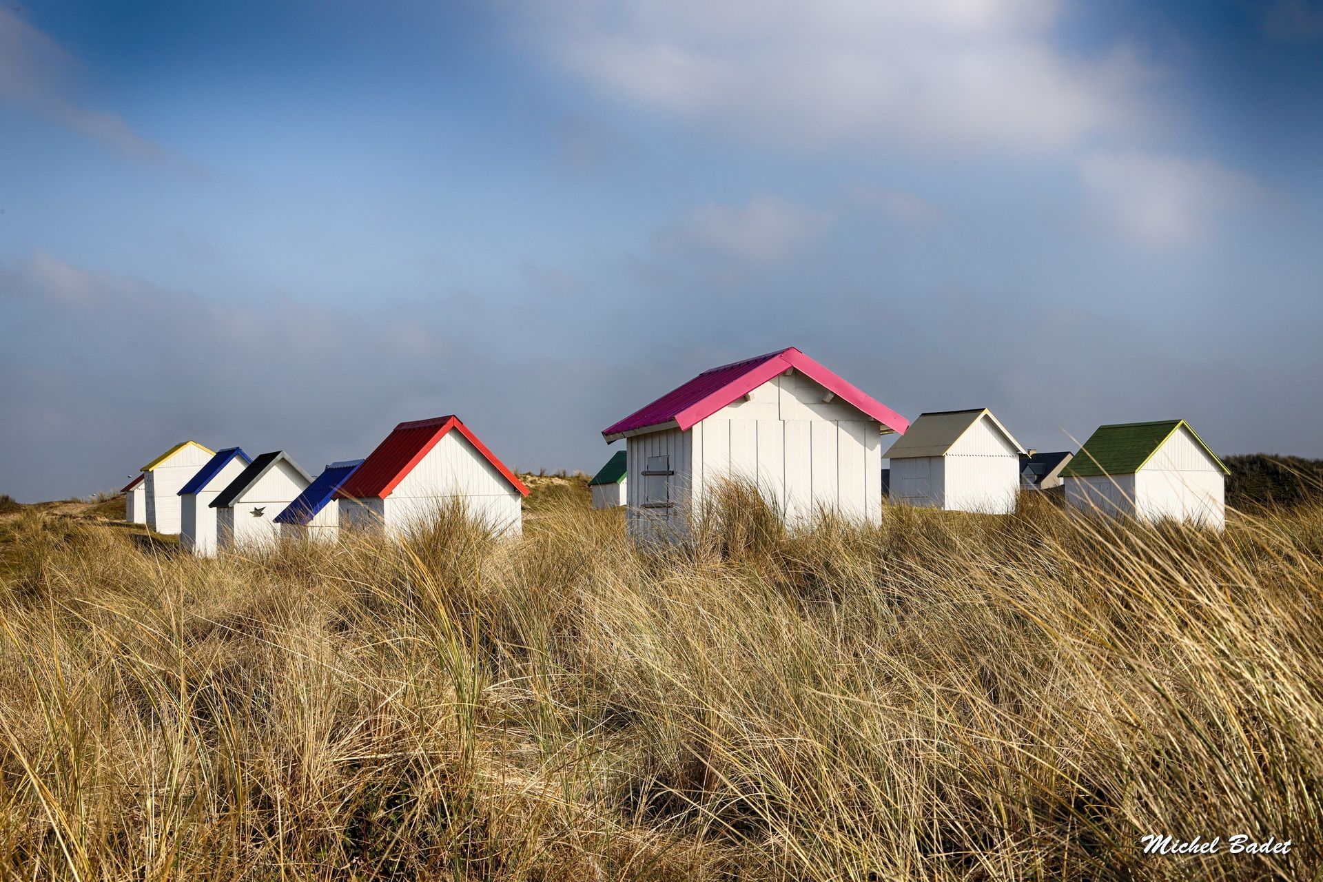 Beach cabins of Gouville sur Mer, France