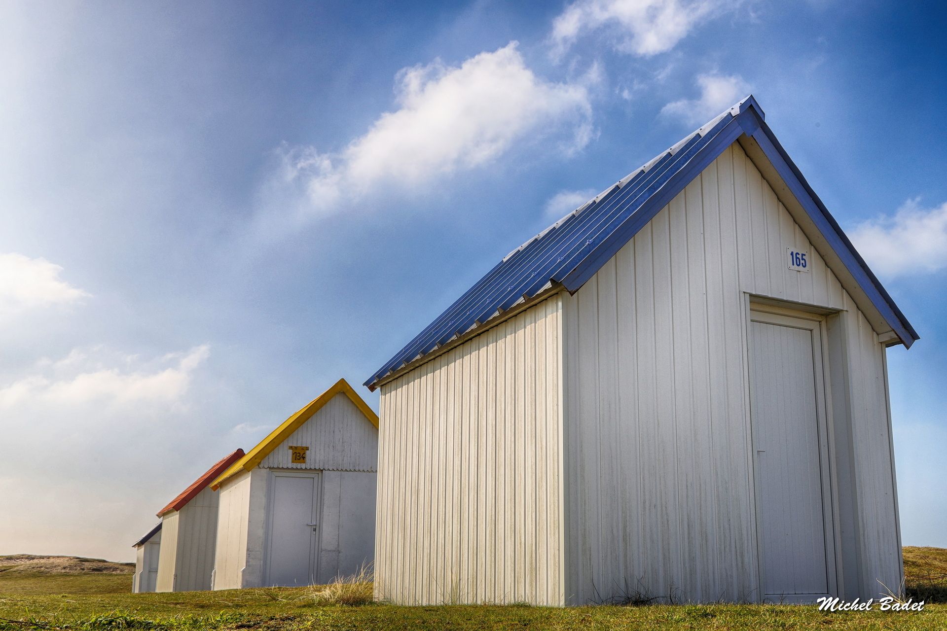Beach cabins of Gouville sur Mer, France