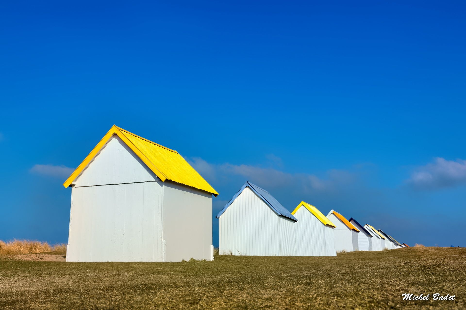Beach cabins of Gouville sur Mer, France