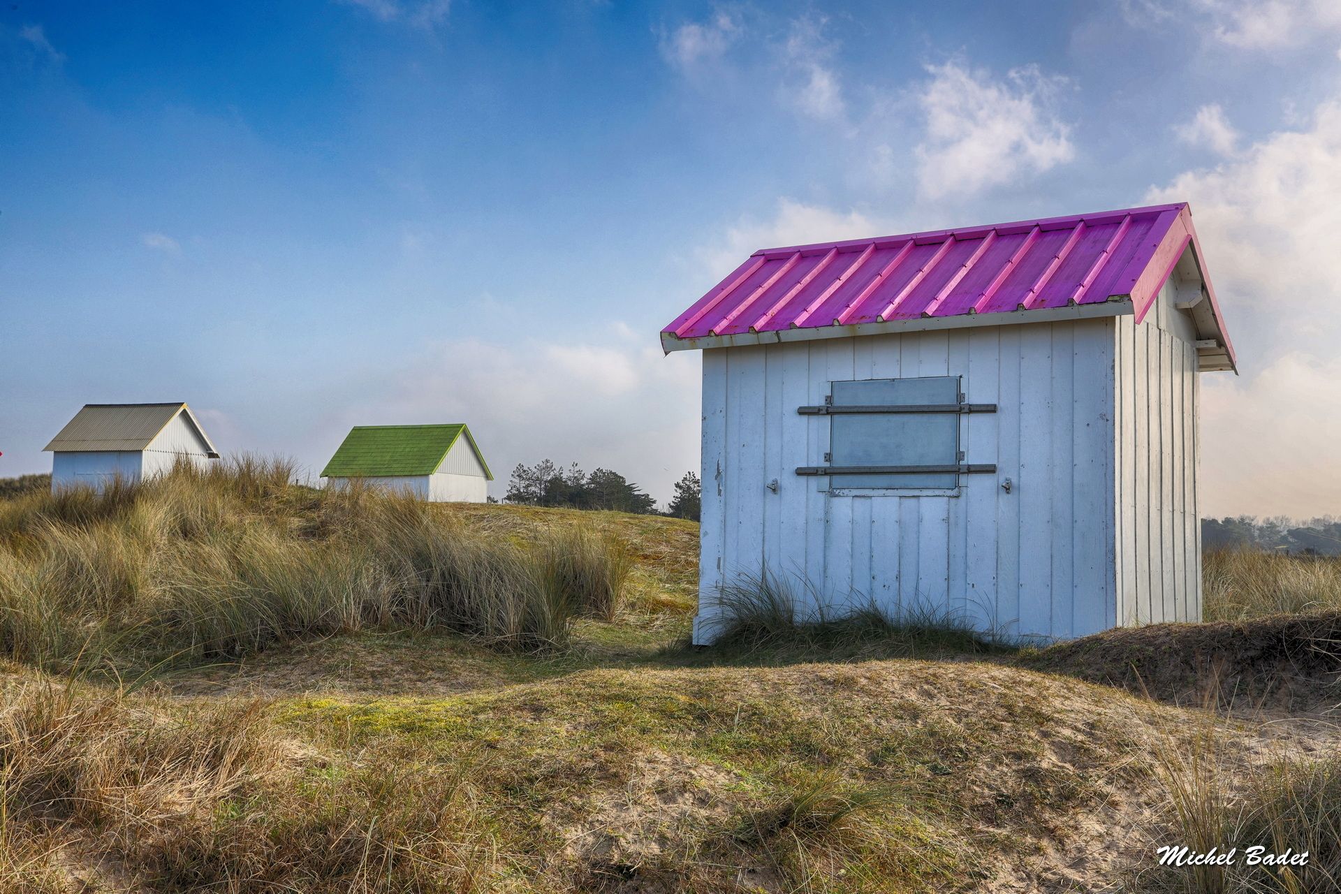 Beach cabins of Gouville sur Mer, France