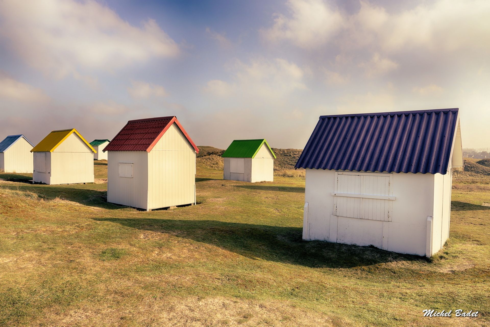 Beach cabins of Gouville sur Mer, France