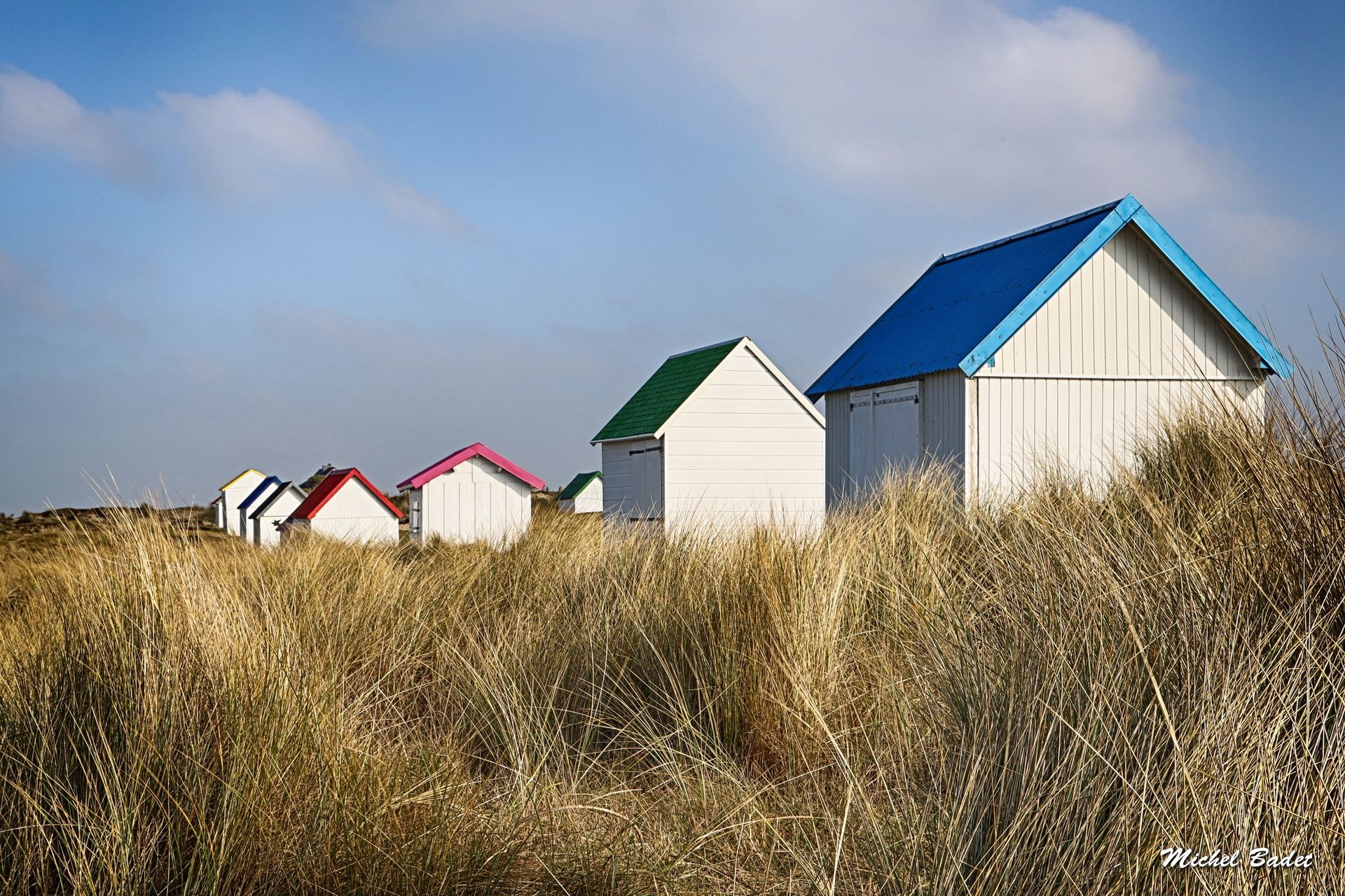 Beach cabins of Gouville sur Mer, France