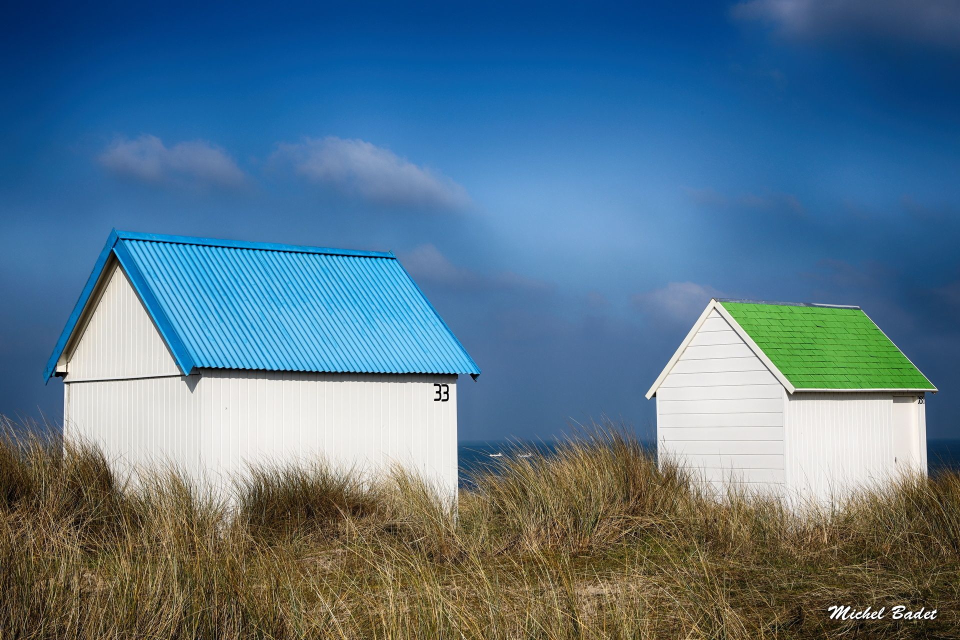 Beach cabins of Gouville sur Mer, France