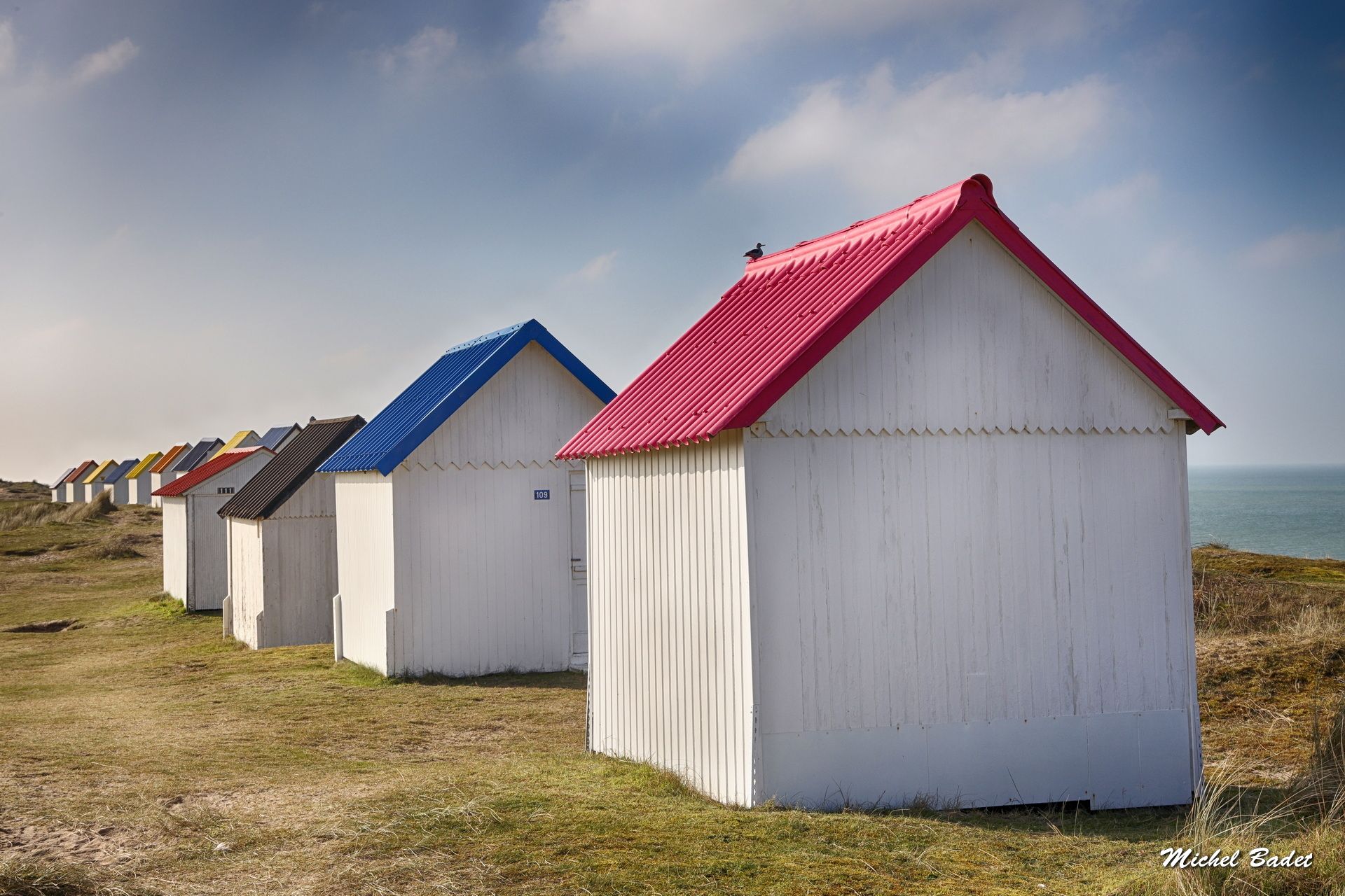 Beach cabins of Gouville sur Mer, France