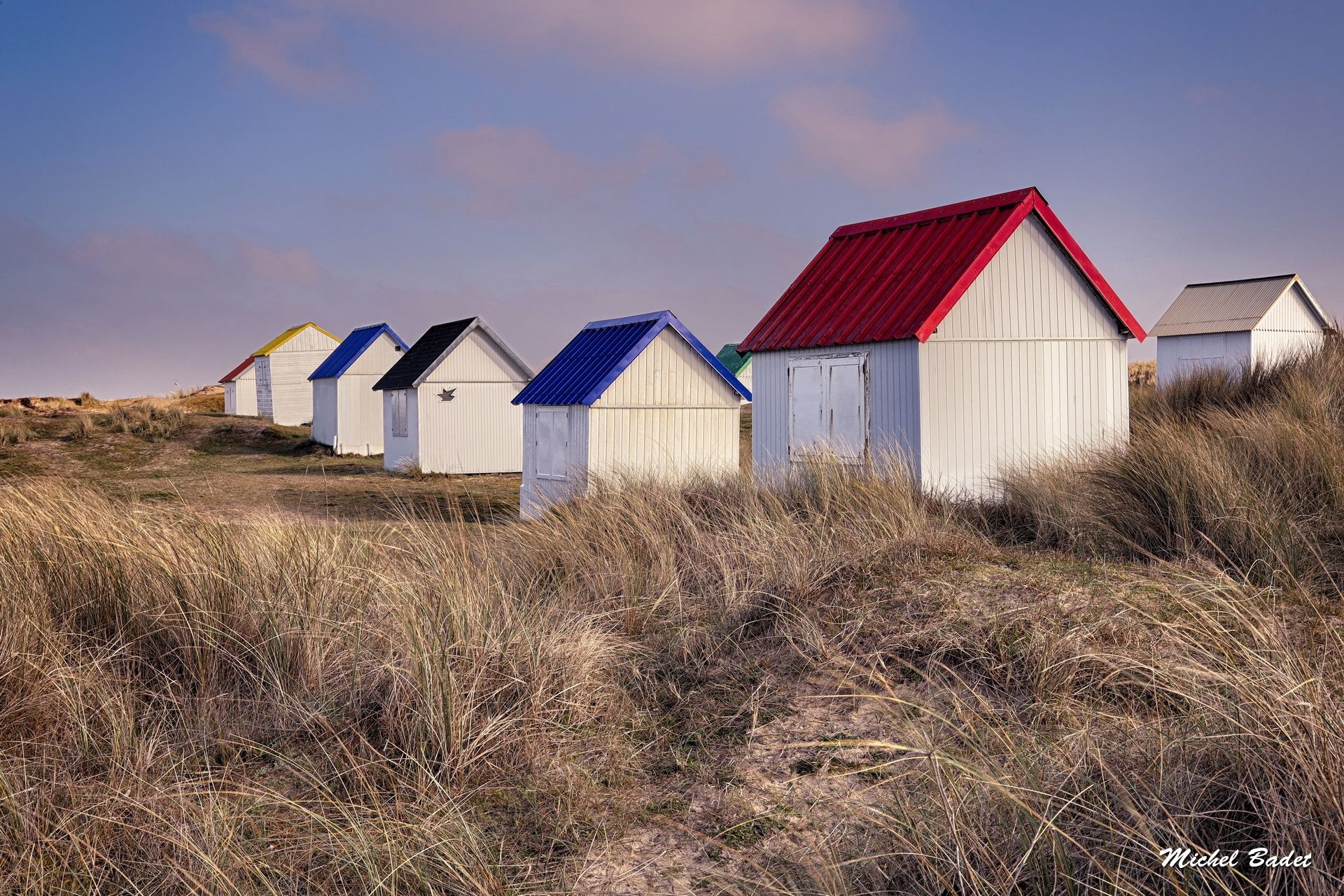 Beach cabins of Gouville sur Mer, France