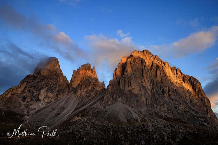 Plattkofel, Fünffingerspitze, and Langkofel in the morning light