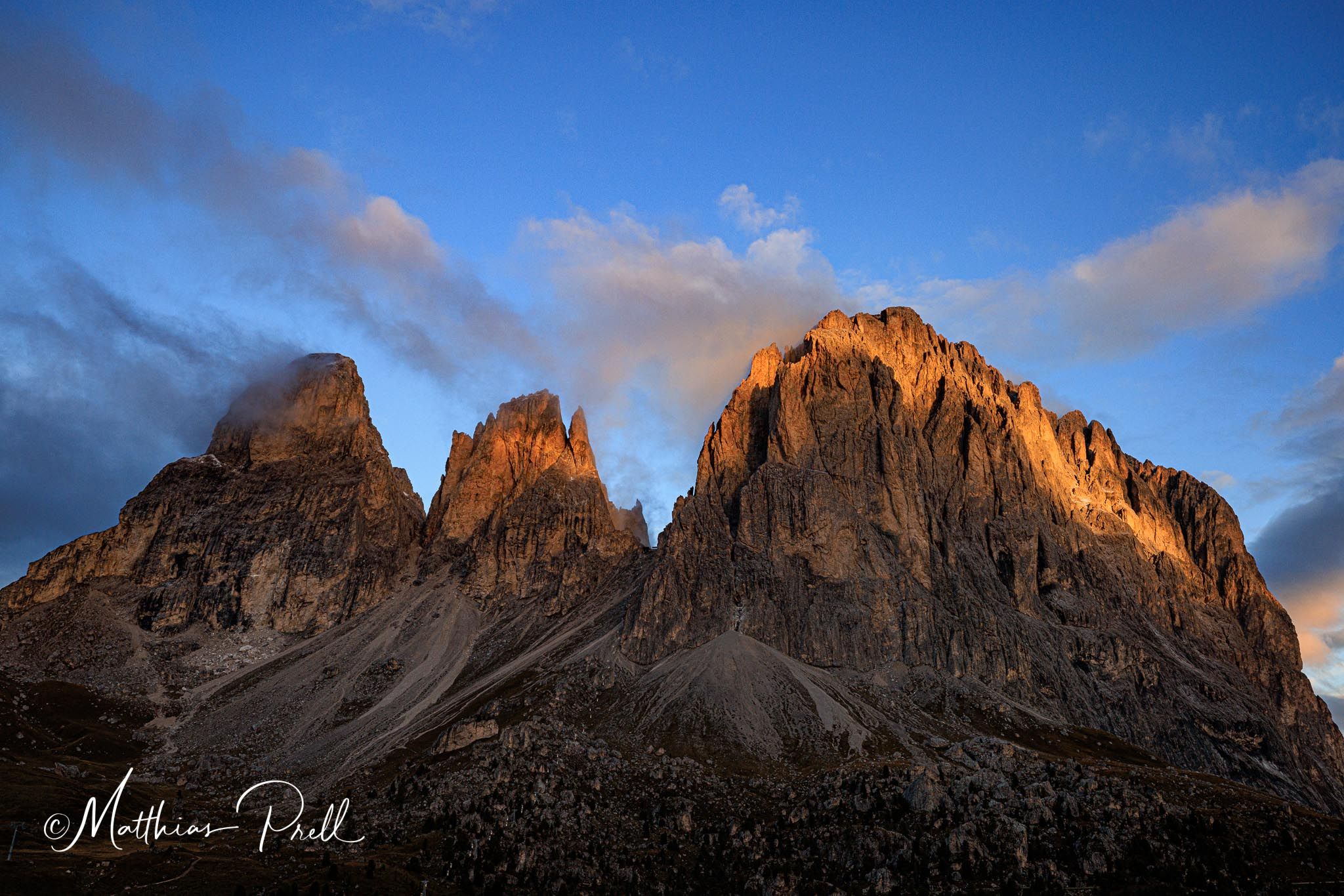 Plattkofel, Fünffingerspitze, and Langkofel in the morning light, Italy