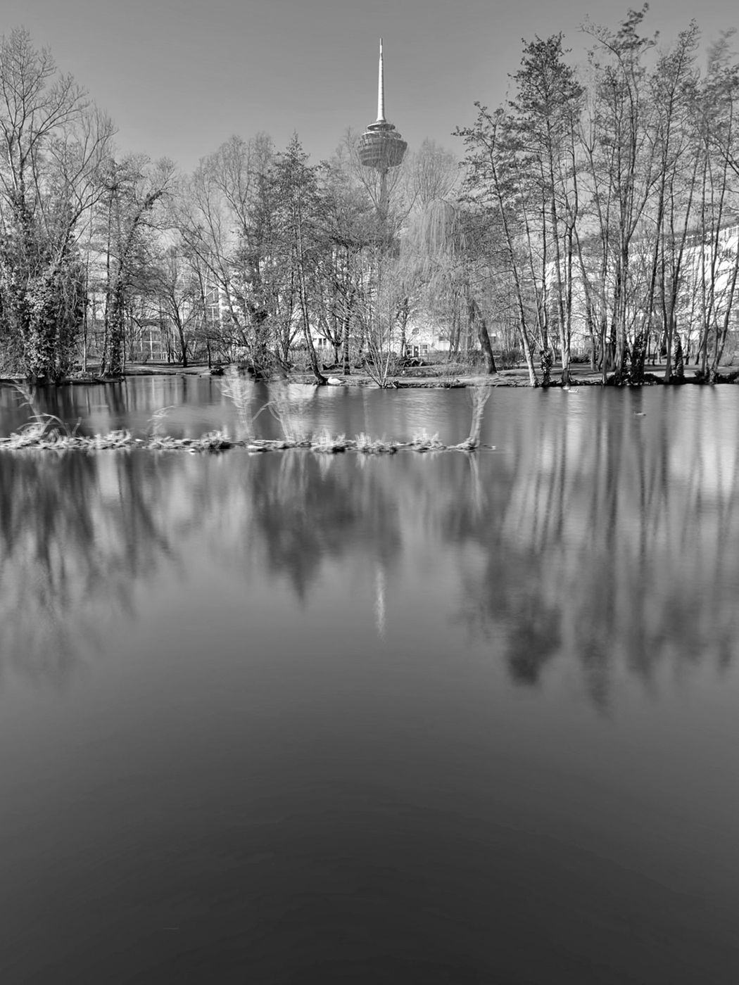 Kölnturm and lake at Mediapark, Germany