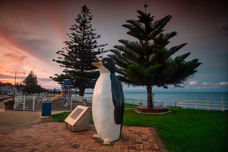 Statue of a penguin at sunset, Penguin, Tasmania