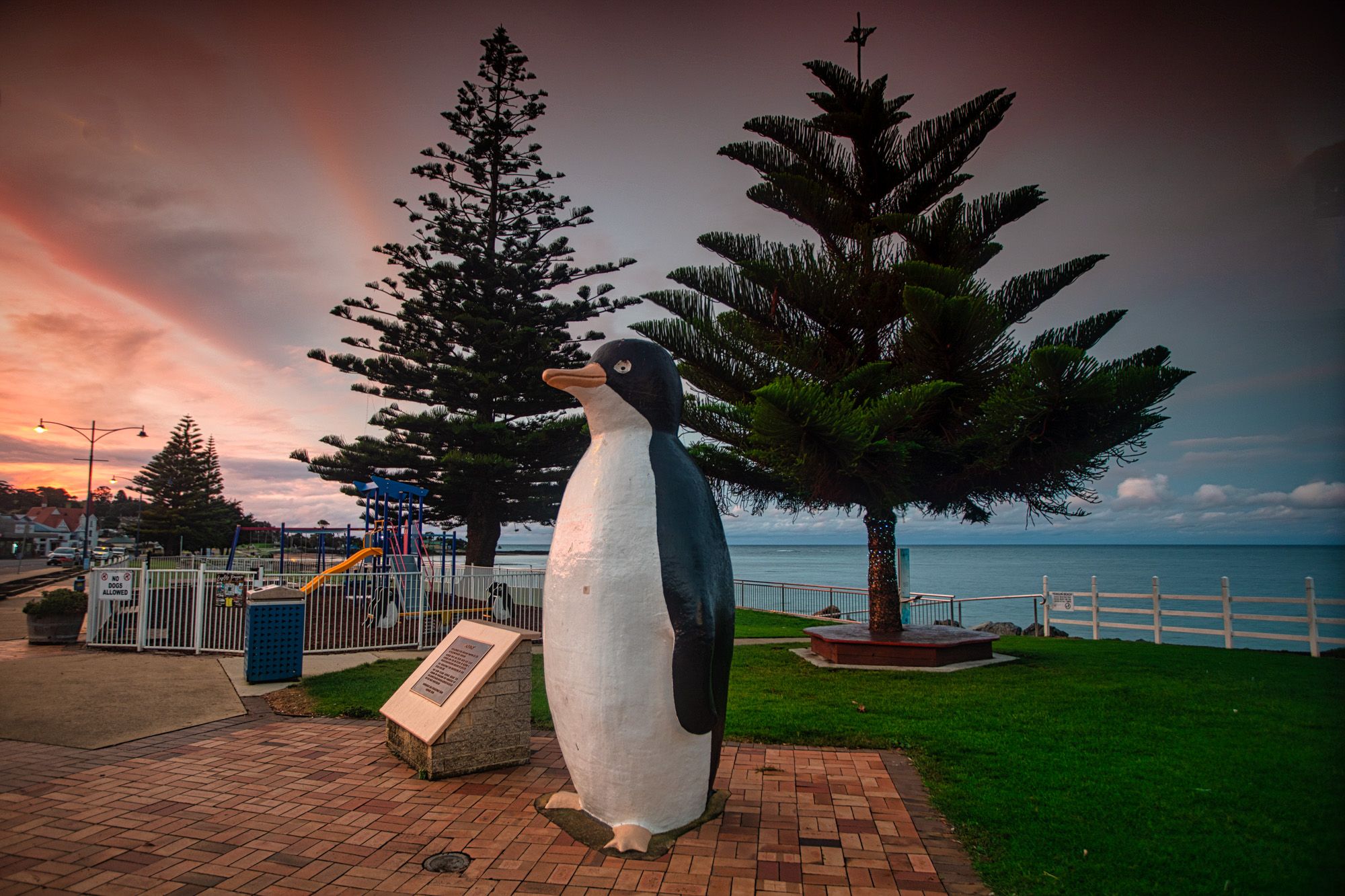 Statue of a penguin at sunset, Penguin, Tasmania, Australia