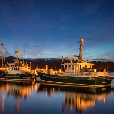 Fishing Boats sunrise the harbour, Strahan, Tasmania, Australia