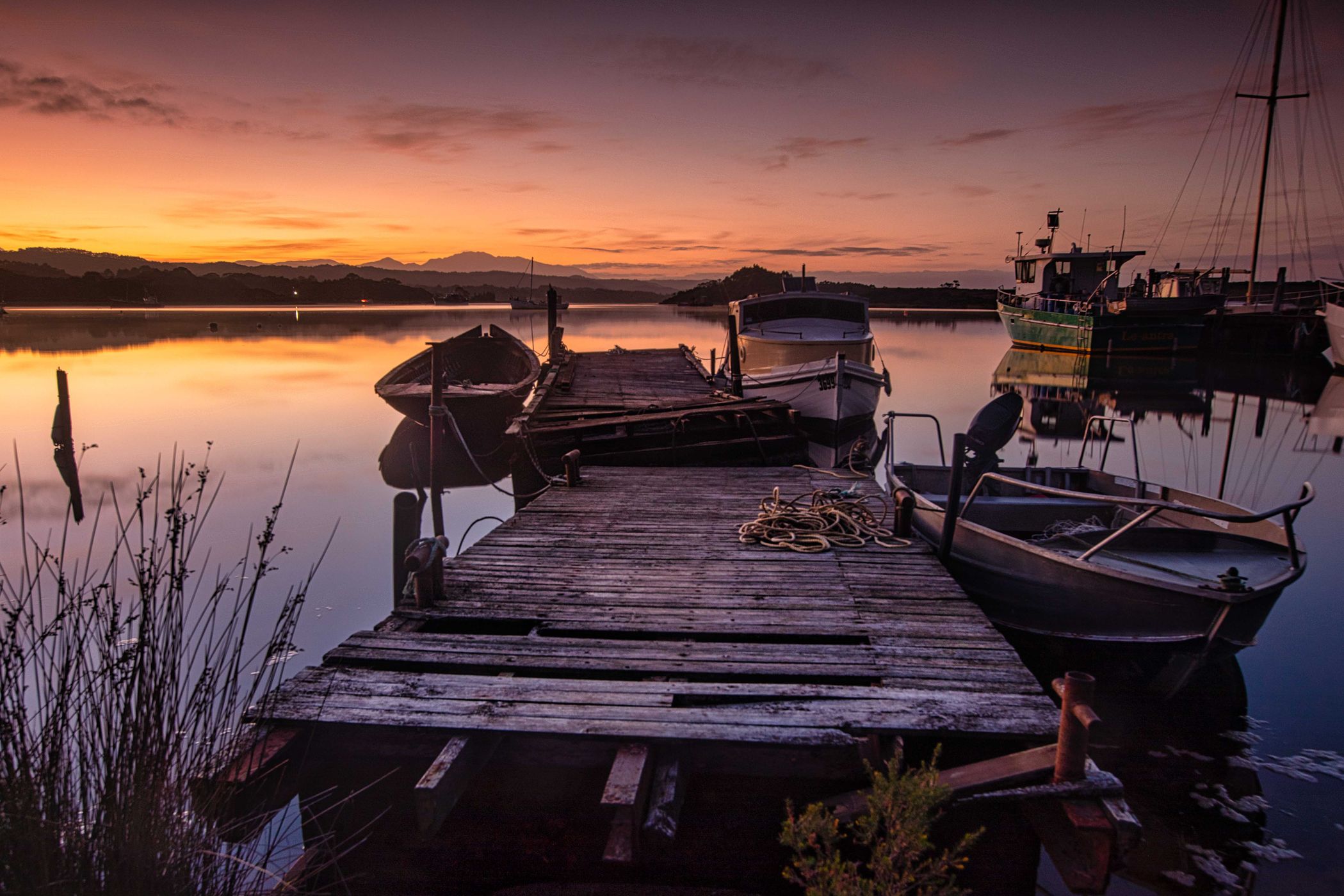 Old Jetty sunrise Morse Bay, Strahan, Tasmania, Australia