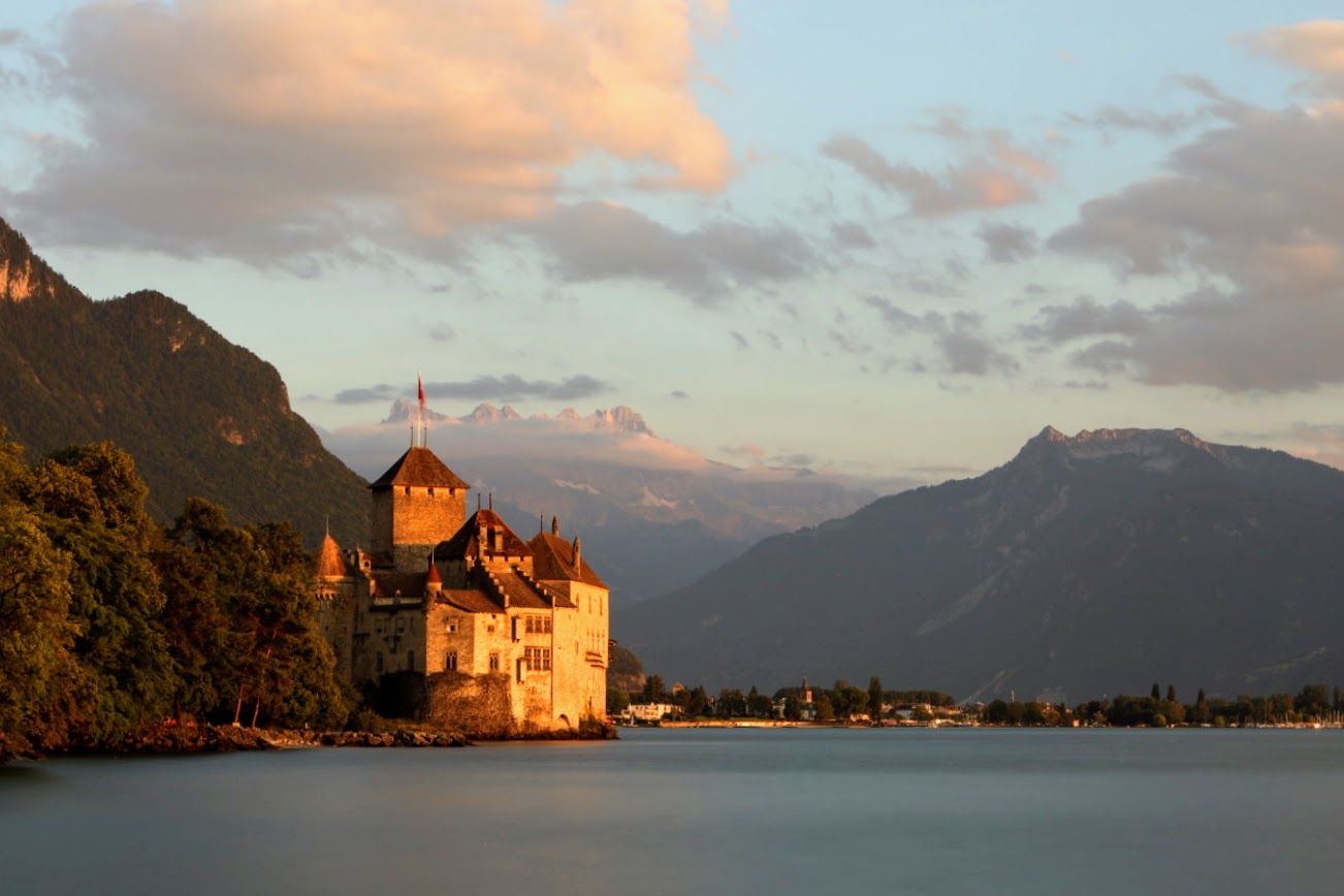 Chillon Castle (Château de Chillon) from nearby north bank, Switzerland