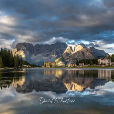 Hotel at Lake Misurina, Dolomites, Italy