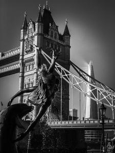 View of Tower Bridge, Girl with a Dolphin Fountain, London