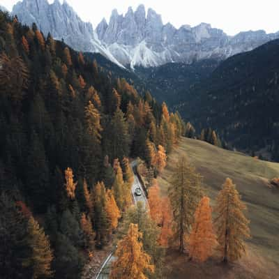 Road between Villnöss and Geisler Alm, Dolomites, Italy