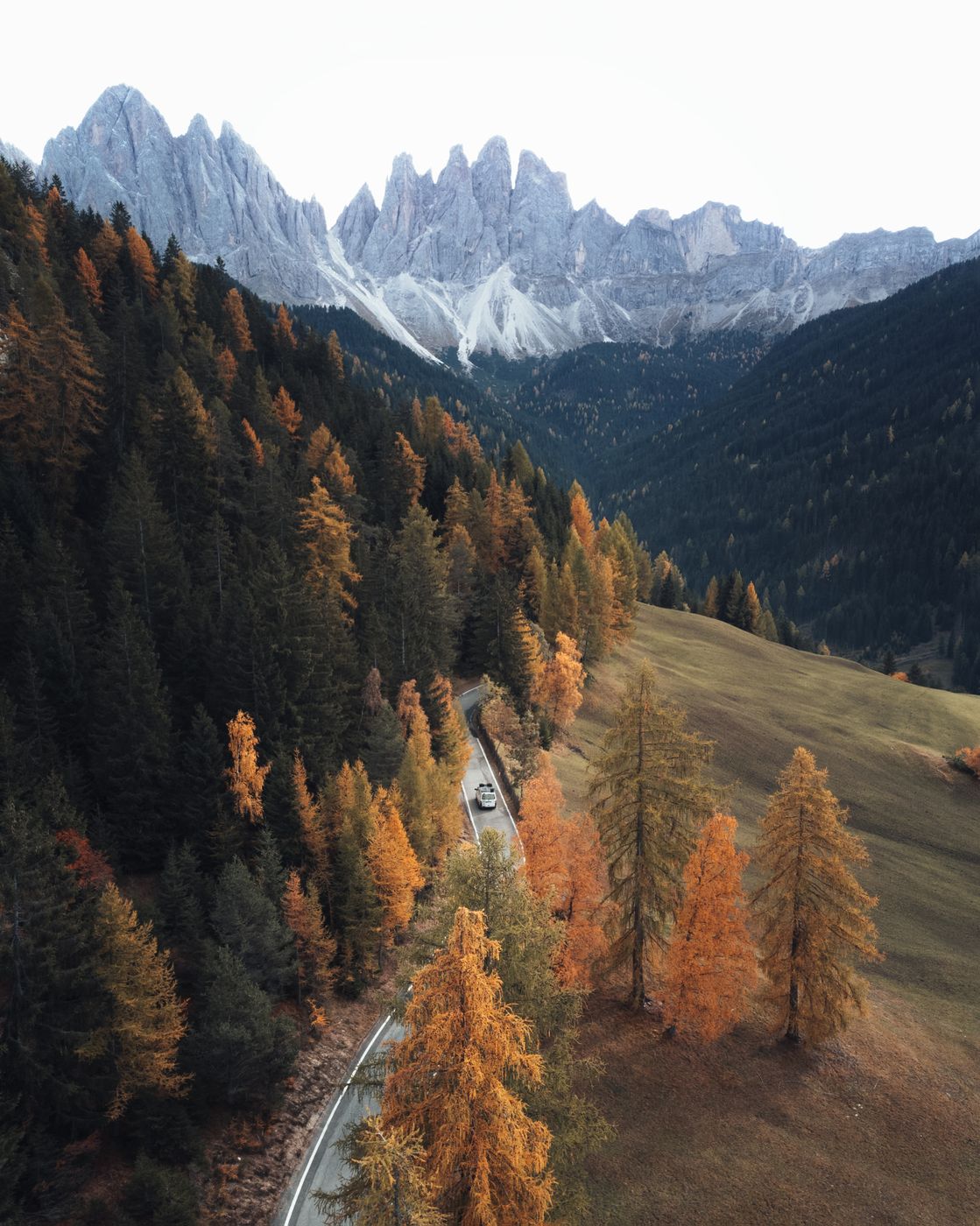 Road between Villnöss and Geisler Alm, Dolomites, Italy